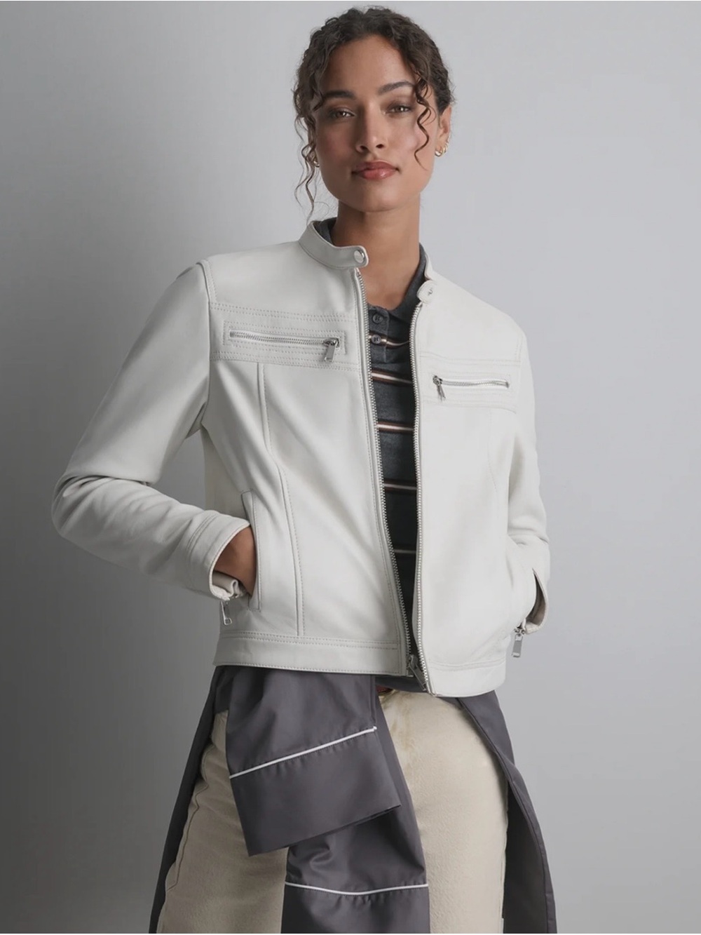 Wilsons Leather Women's White Zip-Front Leather Moto Racer Jacket Medium